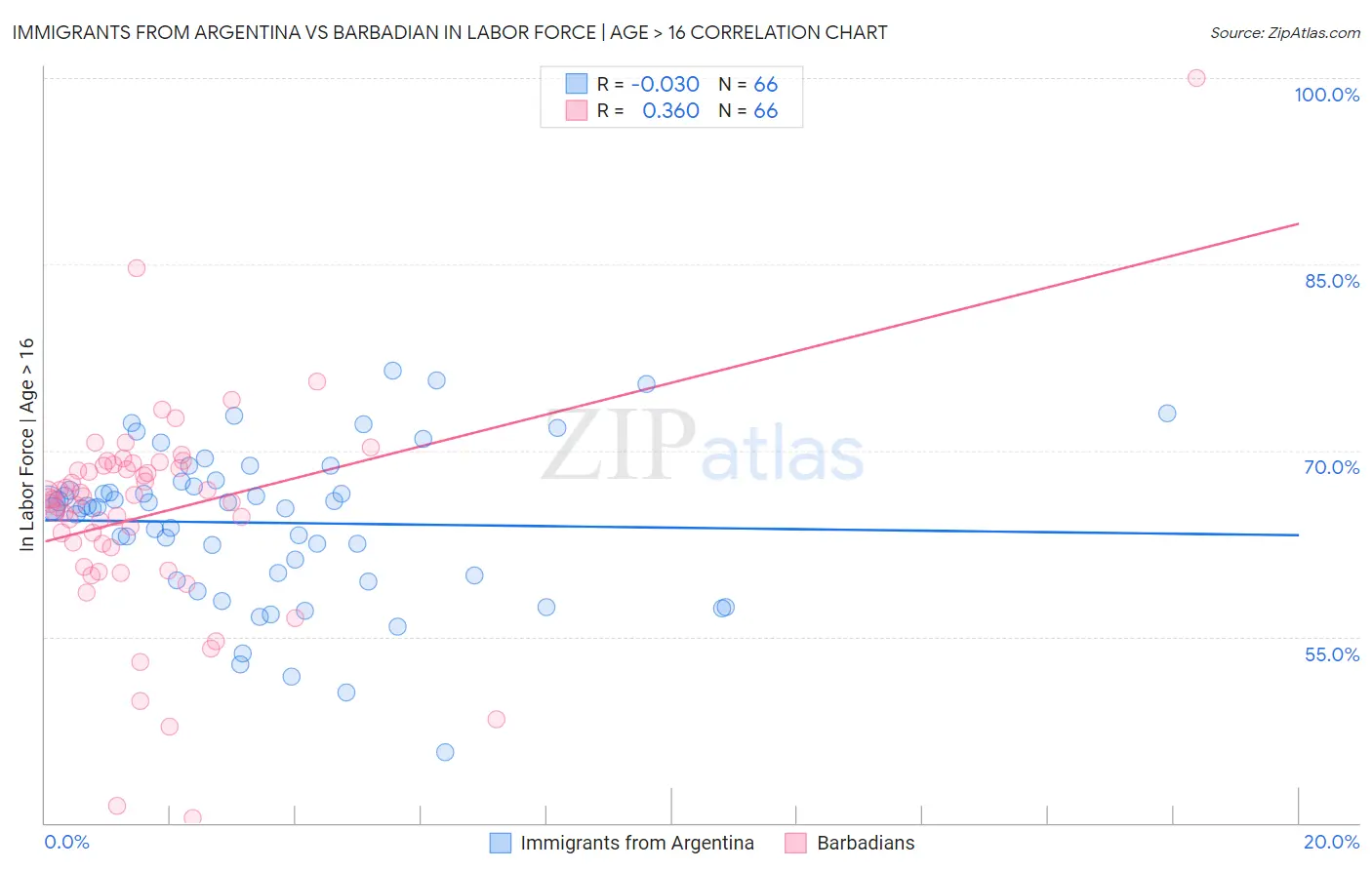 Immigrants from Argentina vs Barbadian In Labor Force | Age > 16