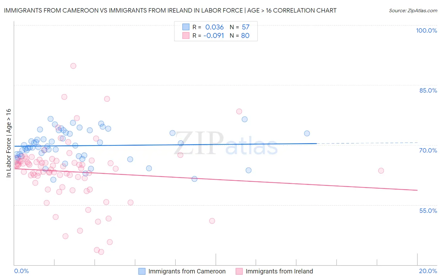 Immigrants from Cameroon vs Immigrants from Ireland In Labor Force | Age > 16
