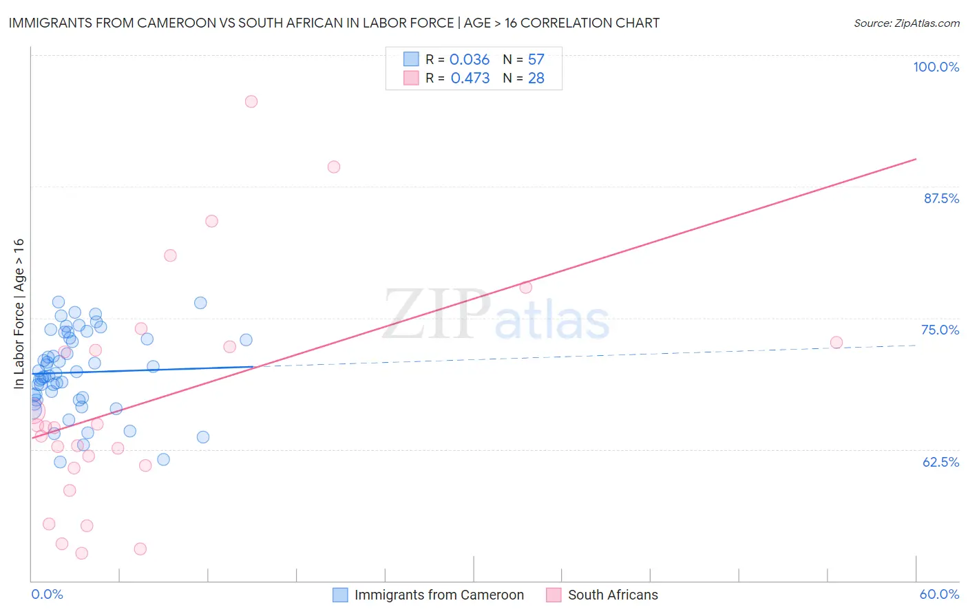 Immigrants from Cameroon vs South African In Labor Force | Age > 16