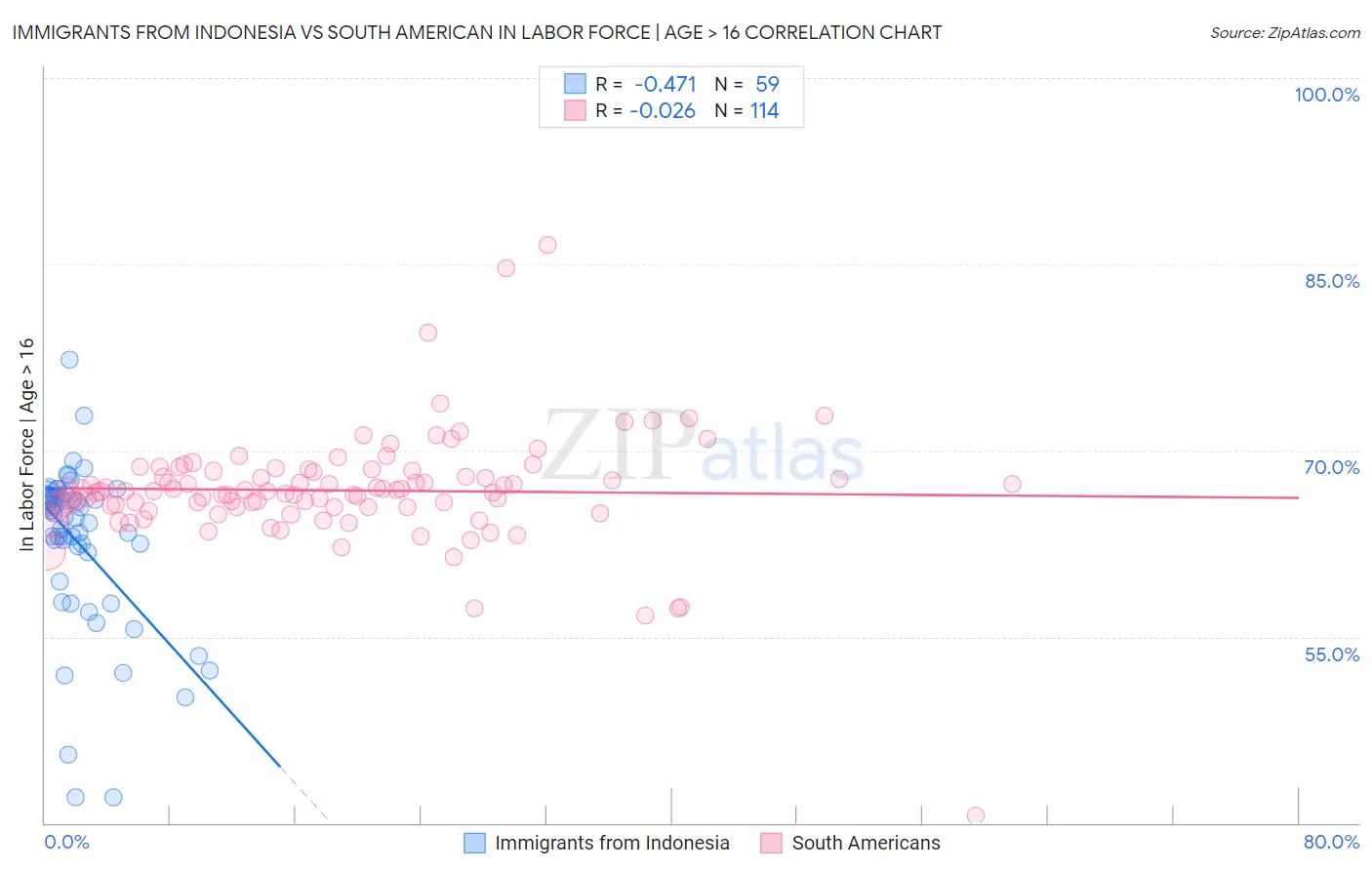 Immigrants from Indonesia vs South American In Labor Force | Age > 16