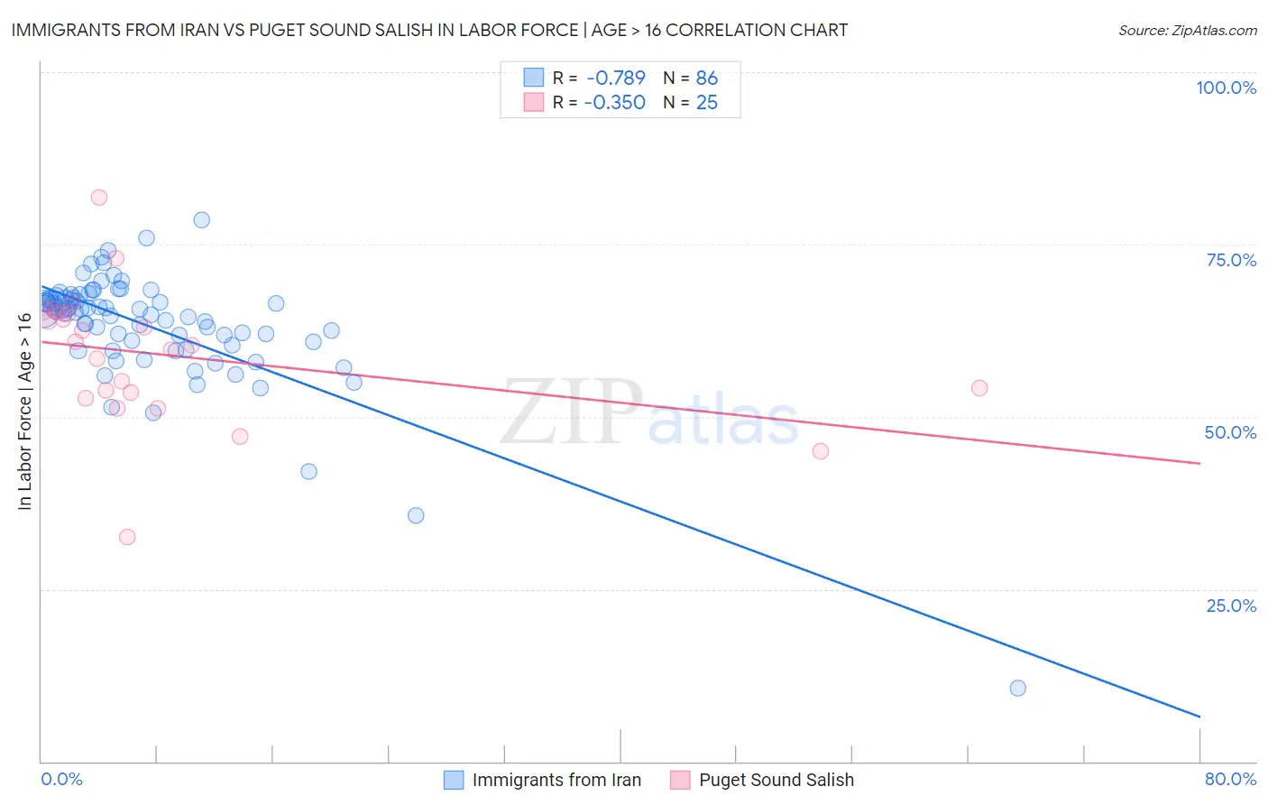 Immigrants from Iran vs Puget Sound Salish In Labor Force | Age > 16