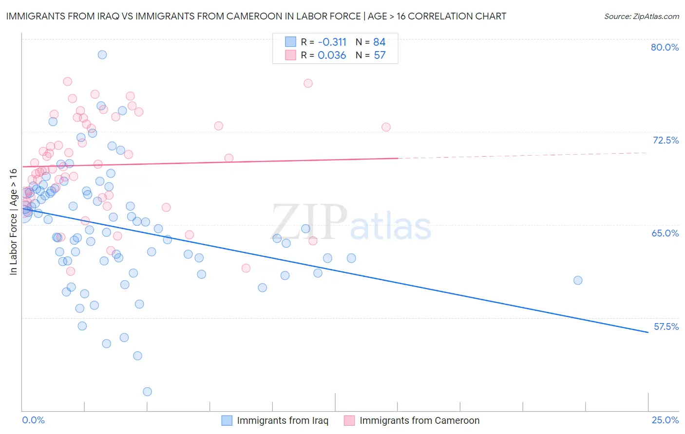 Immigrants from Iraq vs Immigrants from Cameroon In Labor Force | Age > 16