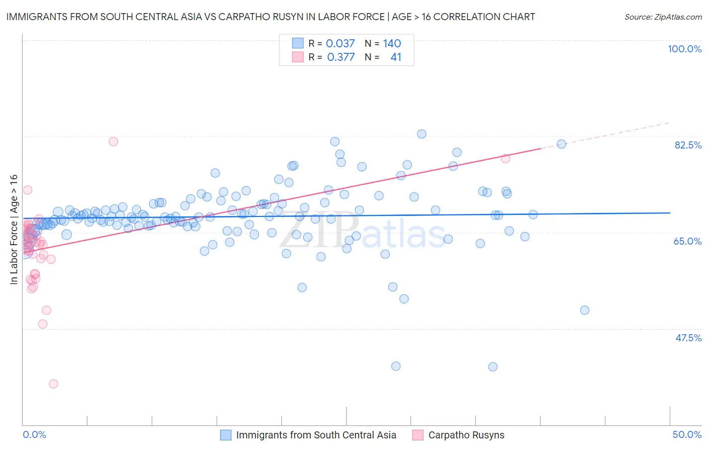 Immigrants from South Central Asia vs Carpatho Rusyn In Labor Force | Age > 16