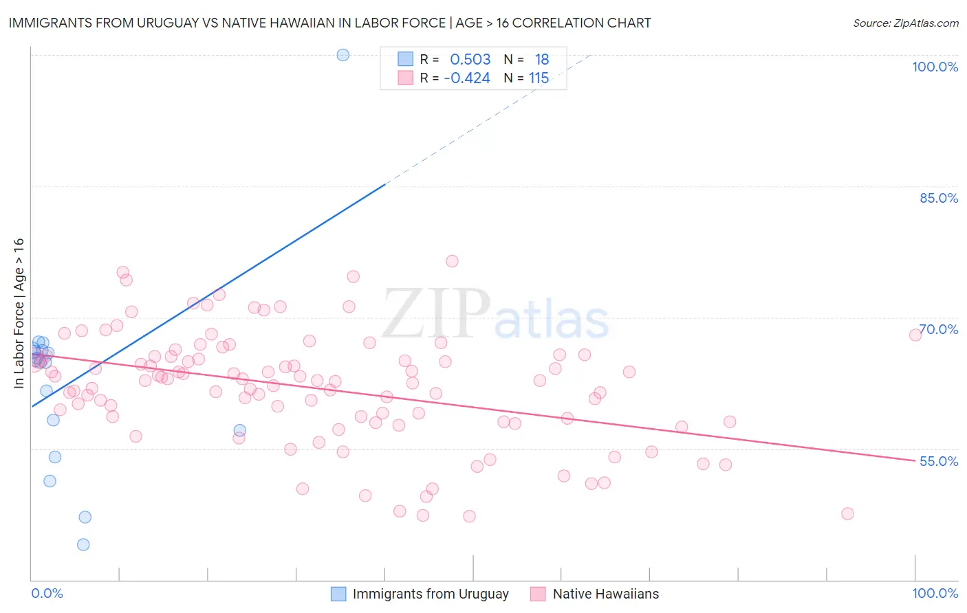 Immigrants from Uruguay vs Native Hawaiian In Labor Force | Age > 16