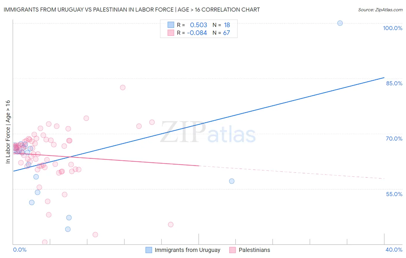 Immigrants from Uruguay vs Palestinian In Labor Force | Age > 16