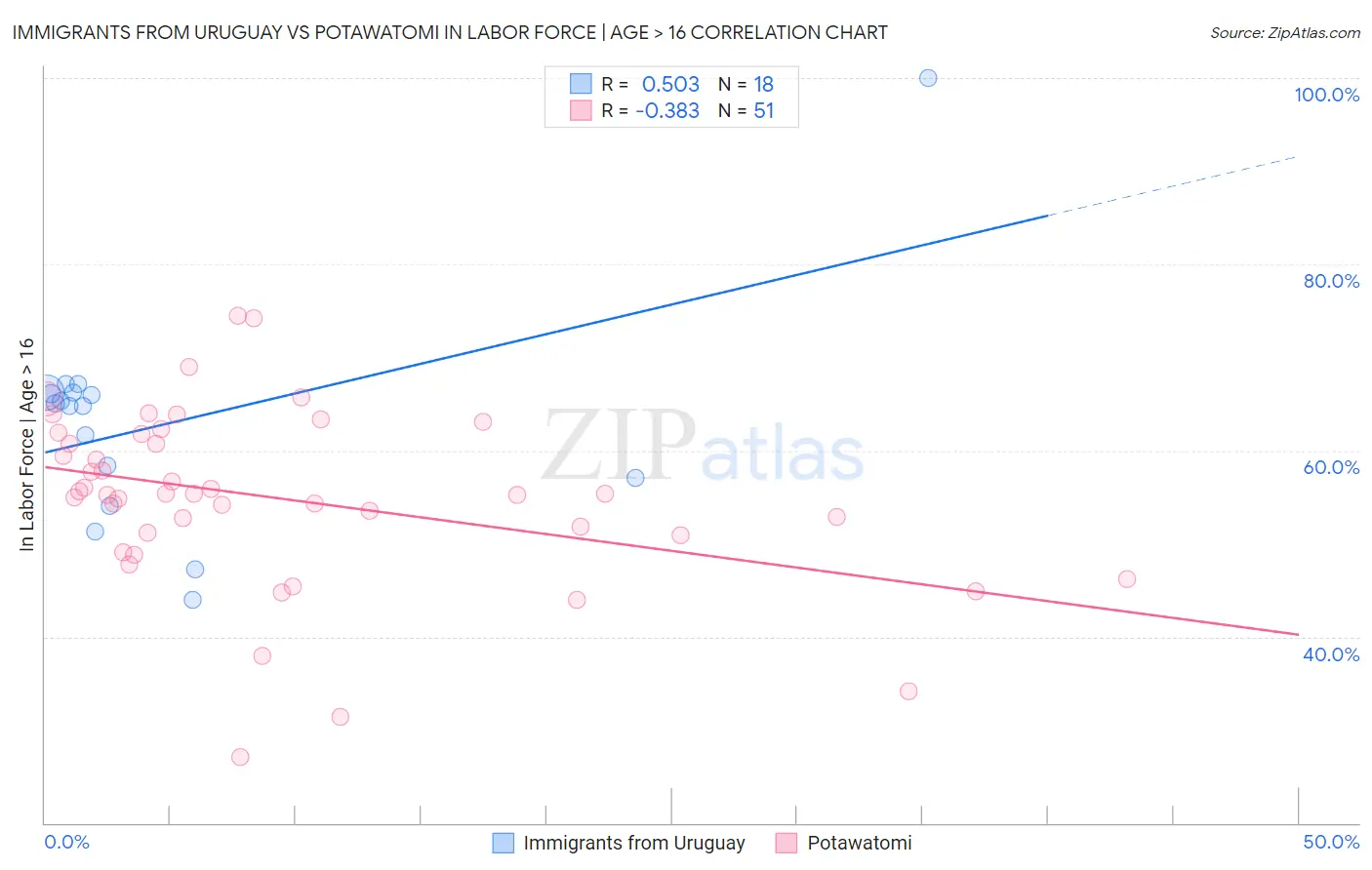 Immigrants from Uruguay vs Potawatomi In Labor Force | Age > 16