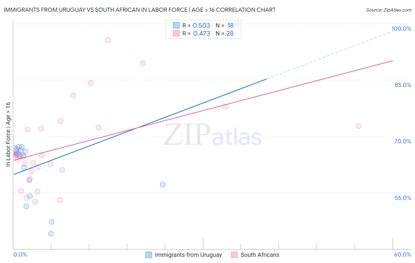 Immigrants from Uruguay vs South African In Labor Force | Age > 16