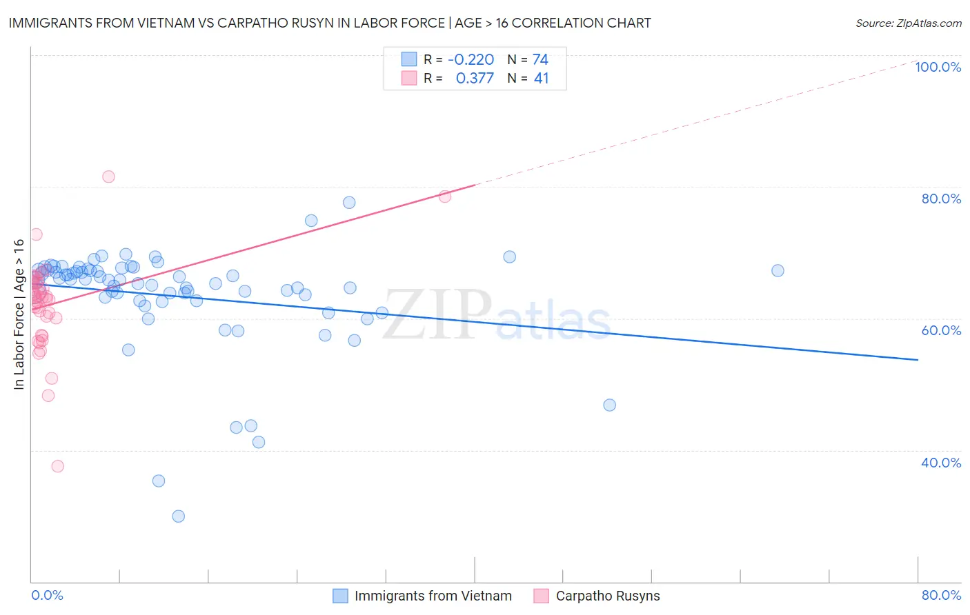 Immigrants from Vietnam vs Carpatho Rusyn In Labor Force | Age > 16