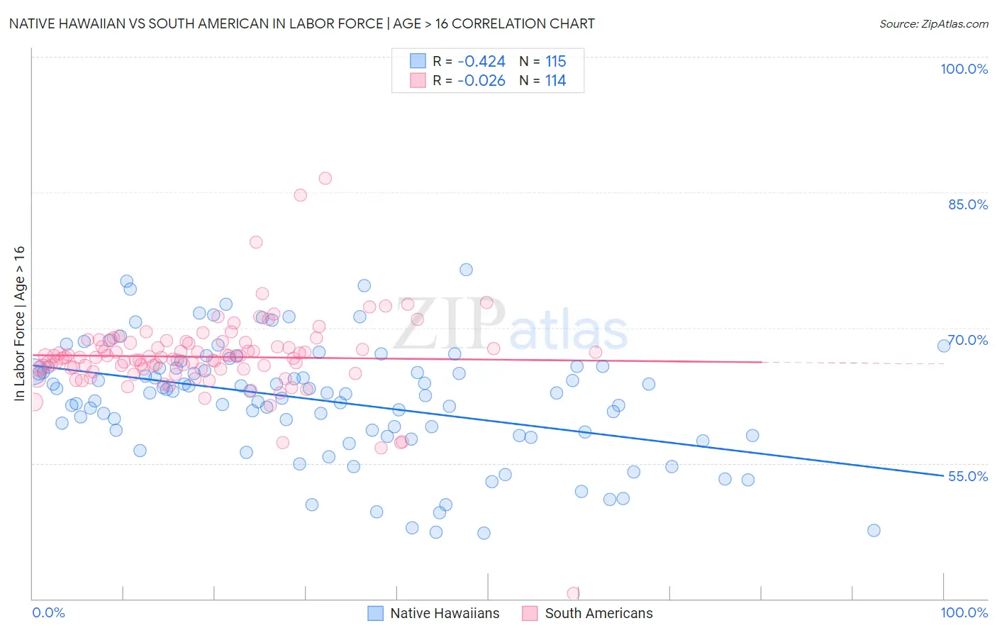 Native Hawaiian vs South American In Labor Force | Age > 16