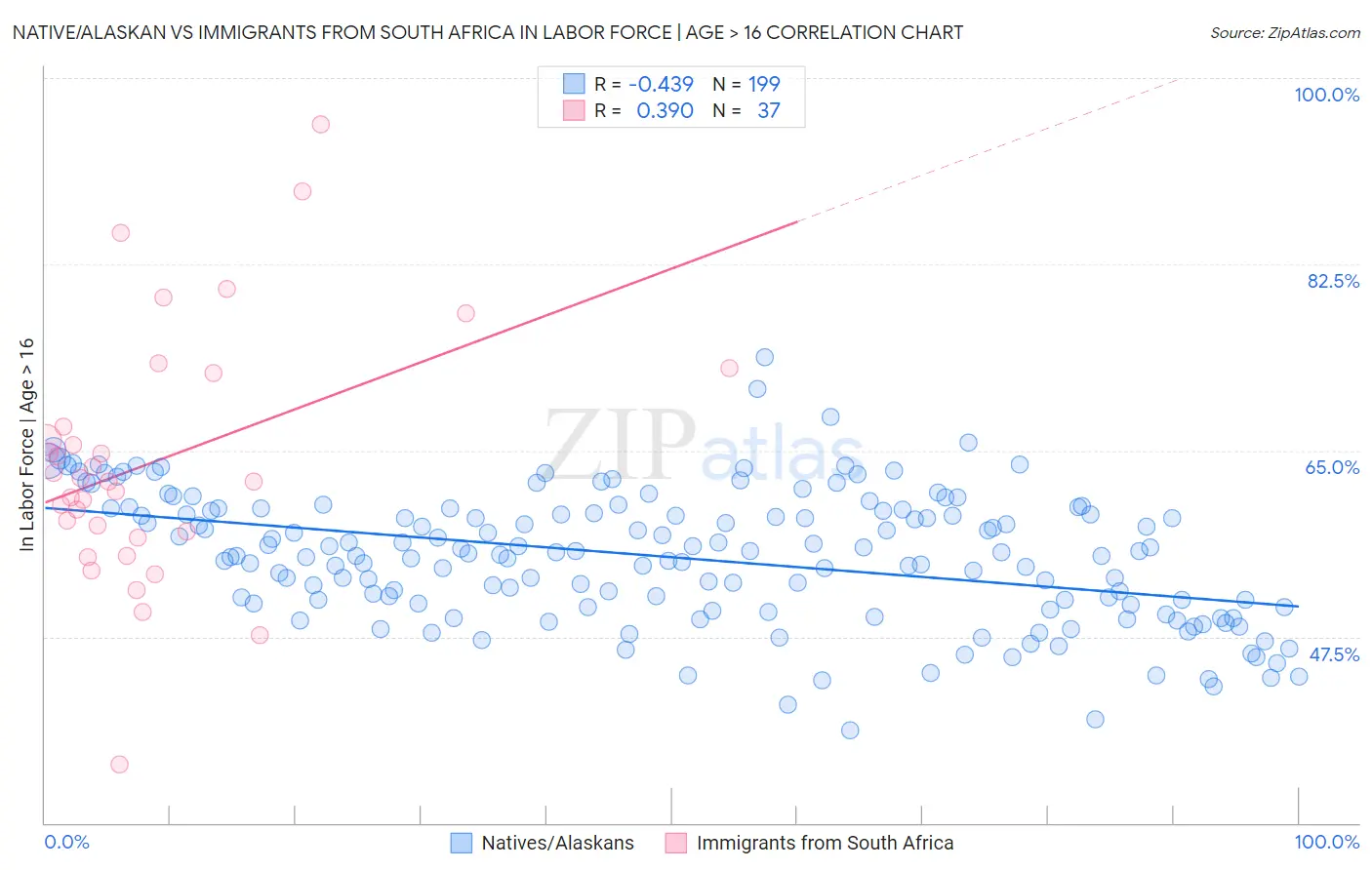 Native/Alaskan vs Immigrants from South Africa In Labor Force | Age > 16