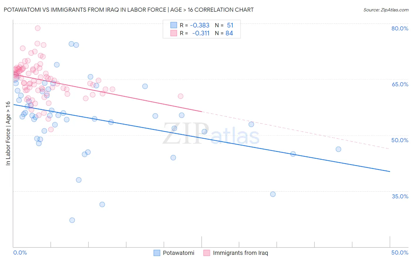 Potawatomi vs Immigrants from Iraq In Labor Force | Age > 16