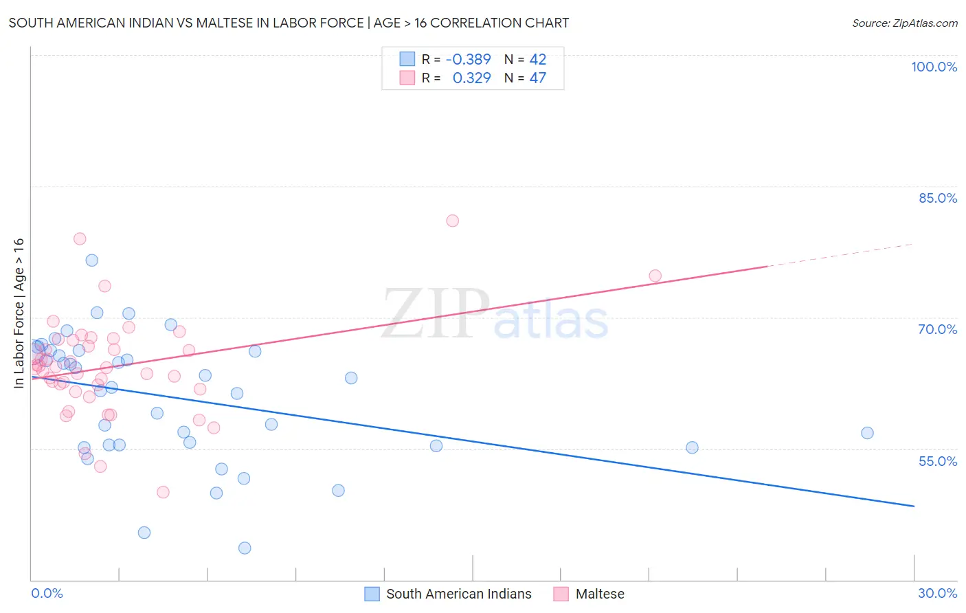 South American Indian vs Maltese In Labor Force | Age > 16