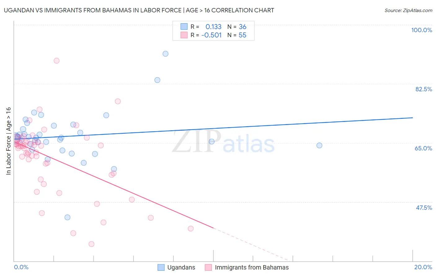 Ugandan vs Immigrants from Bahamas In Labor Force | Age > 16