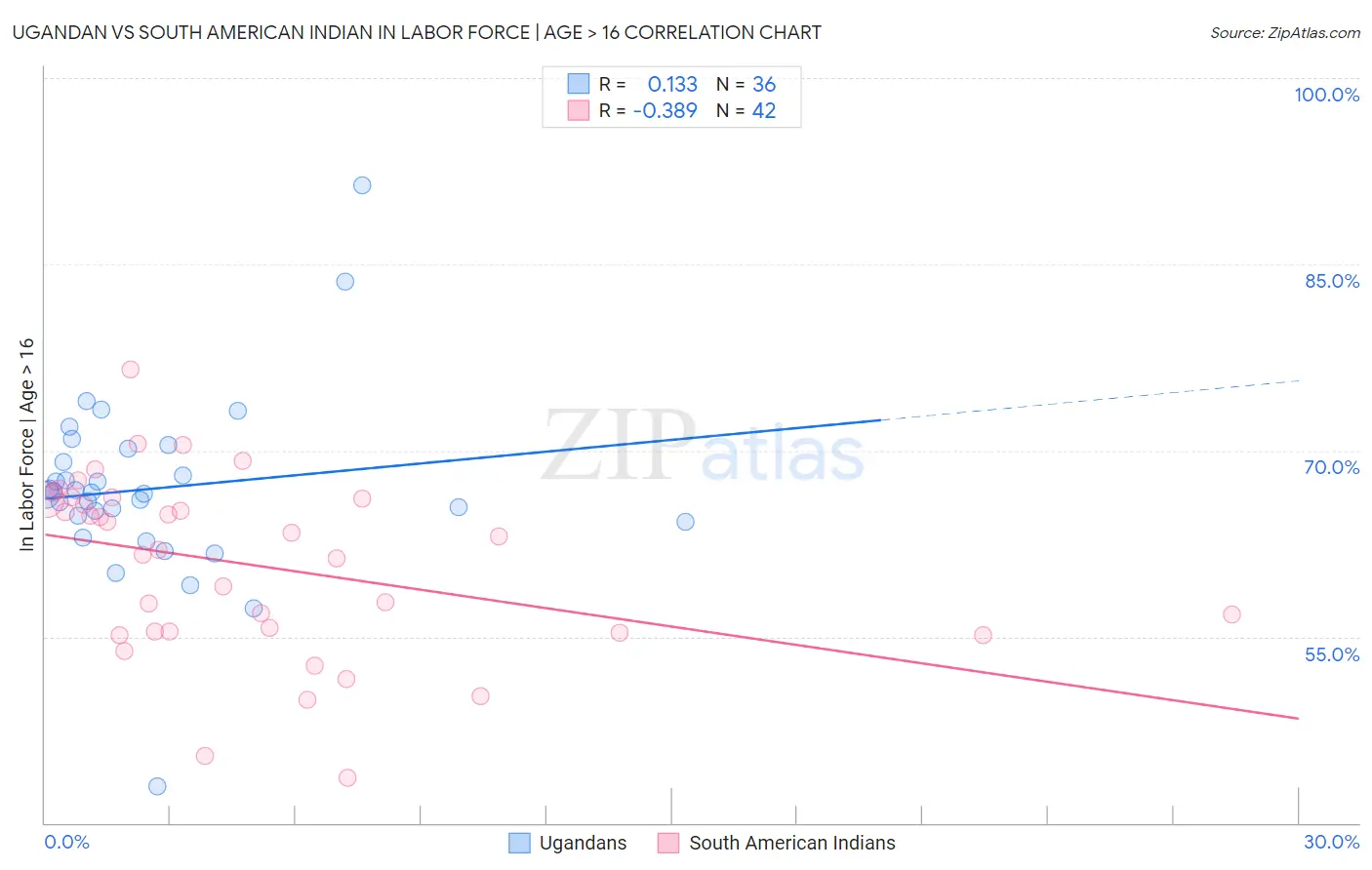 Ugandan vs South American Indian In Labor Force | Age > 16