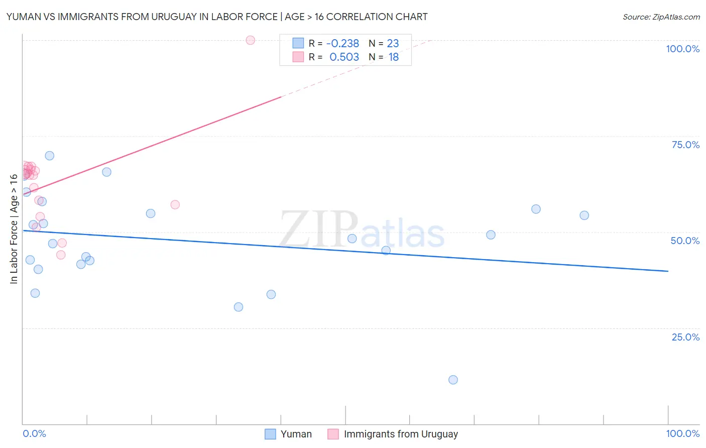 Yuman vs Immigrants from Uruguay In Labor Force | Age > 16