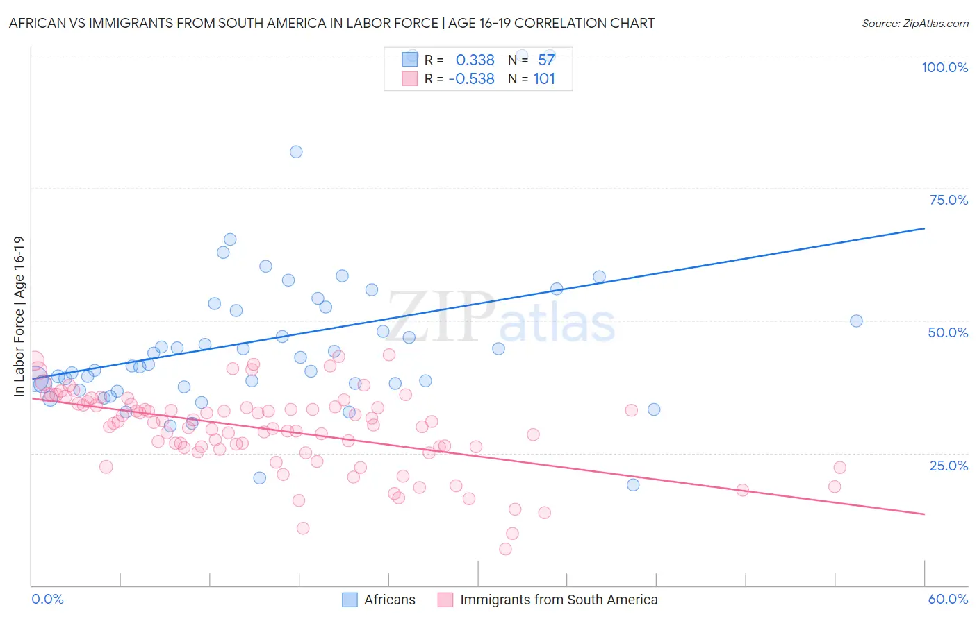 African vs Immigrants from South America In Labor Force | Age 16-19
