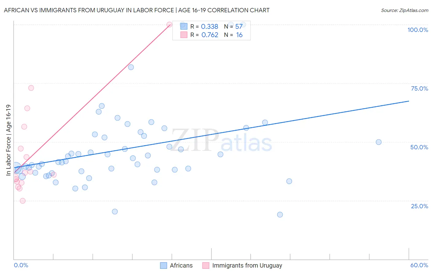 African vs Immigrants from Uruguay In Labor Force | Age 16-19