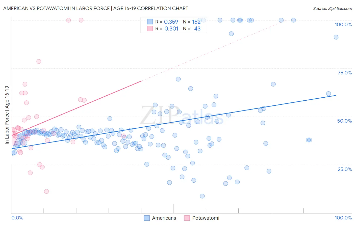 American vs Potawatomi In Labor Force | Age 16-19