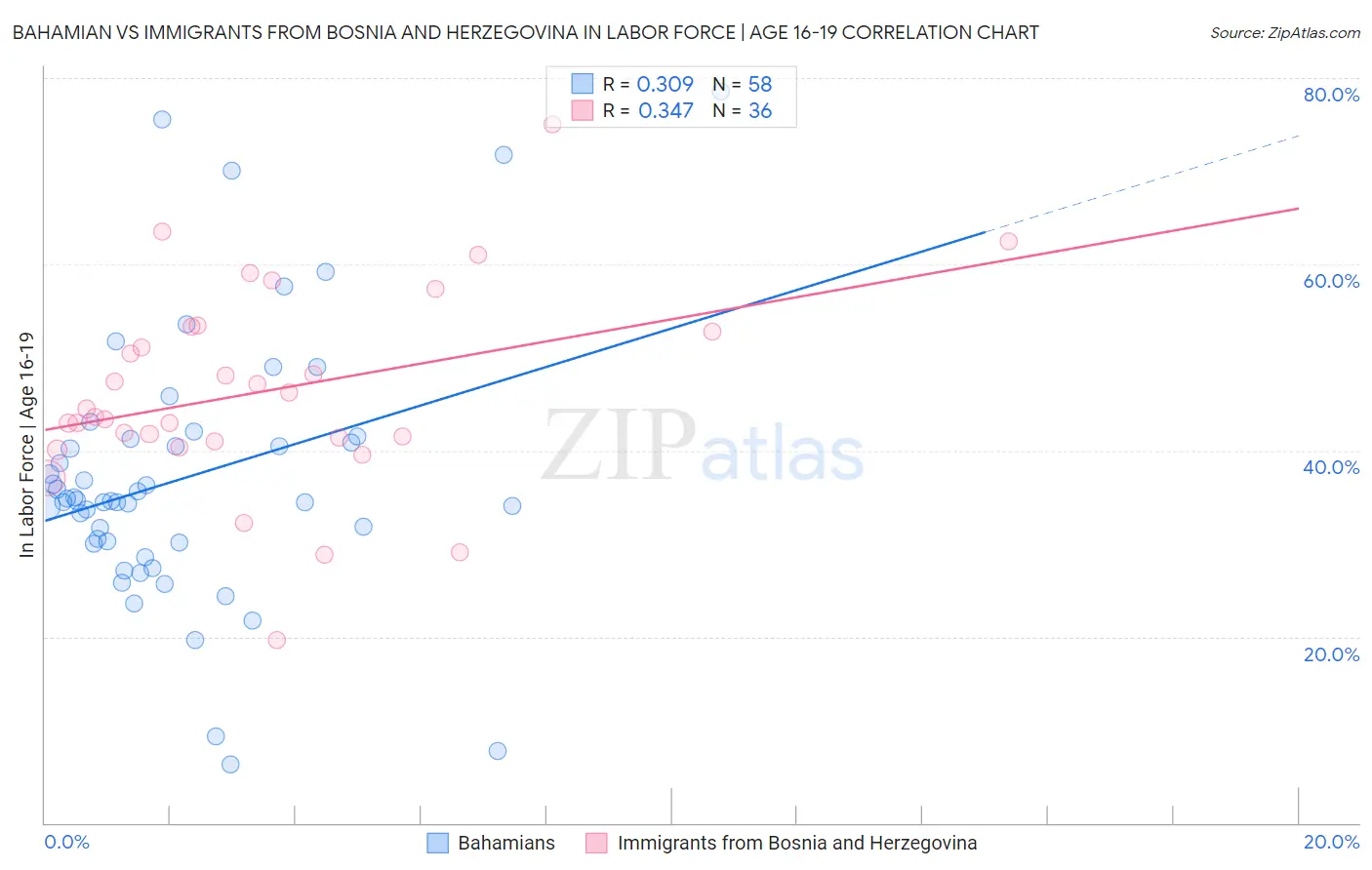 Bahamian vs Immigrants from Bosnia and Herzegovina In Labor Force | Age 16-19