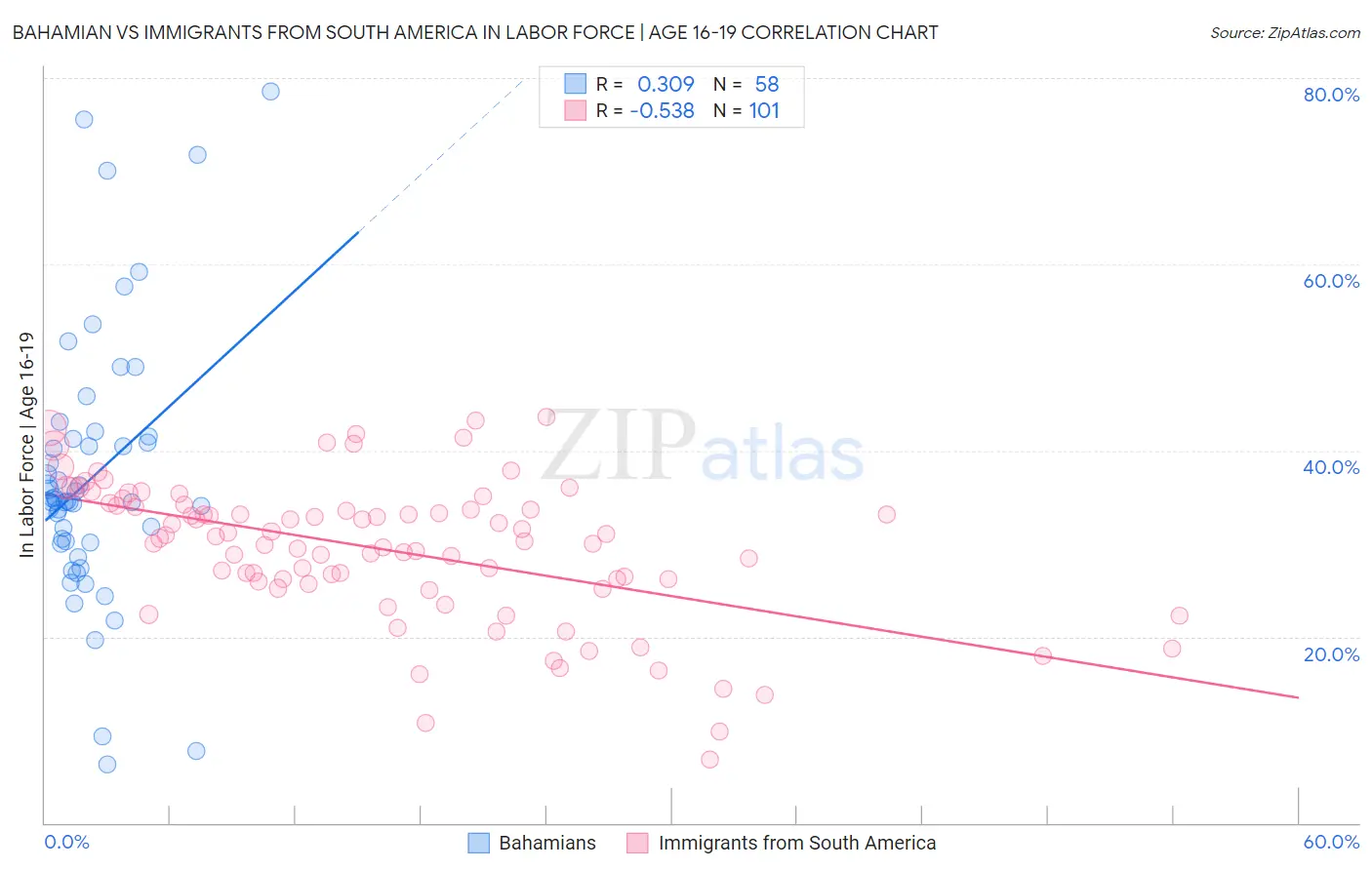 Bahamian vs Immigrants from South America In Labor Force | Age 16-19