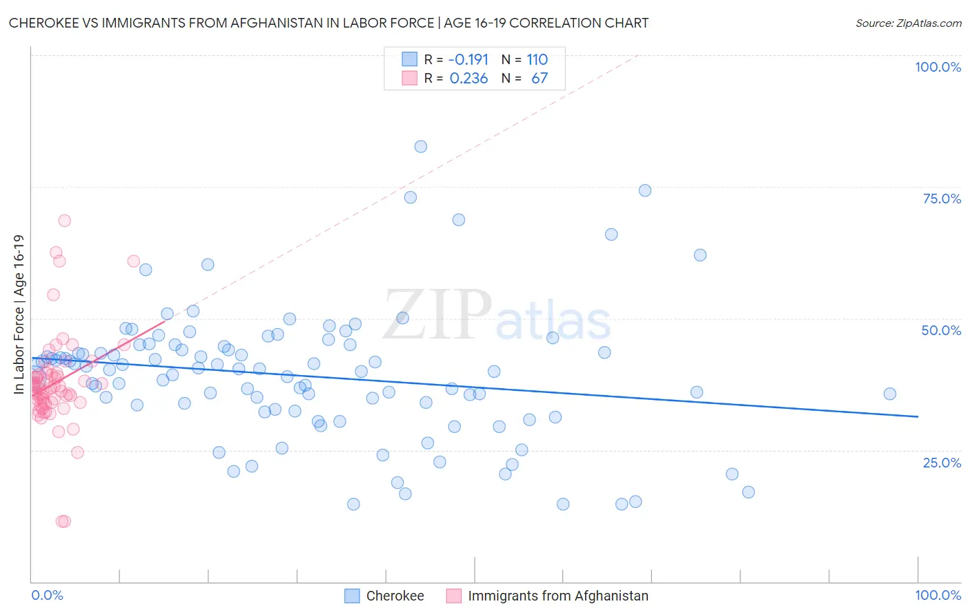 Cherokee vs Immigrants from Afghanistan In Labor Force | Age 16-19