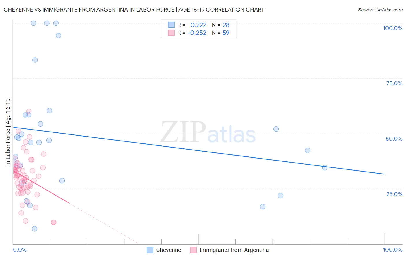 Cheyenne vs Immigrants from Argentina In Labor Force | Age 16-19