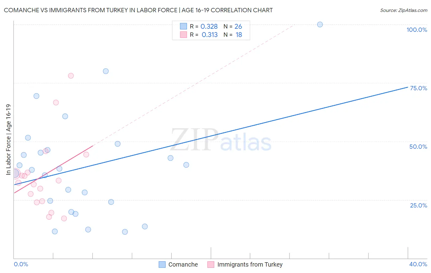 Comanche vs Immigrants from Turkey In Labor Force | Age 16-19