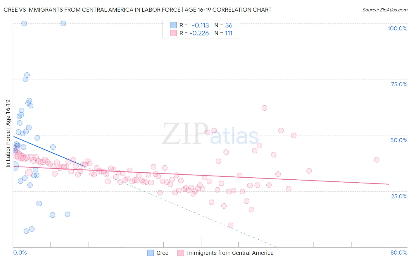 Cree vs Immigrants from Central America In Labor Force | Age 16-19