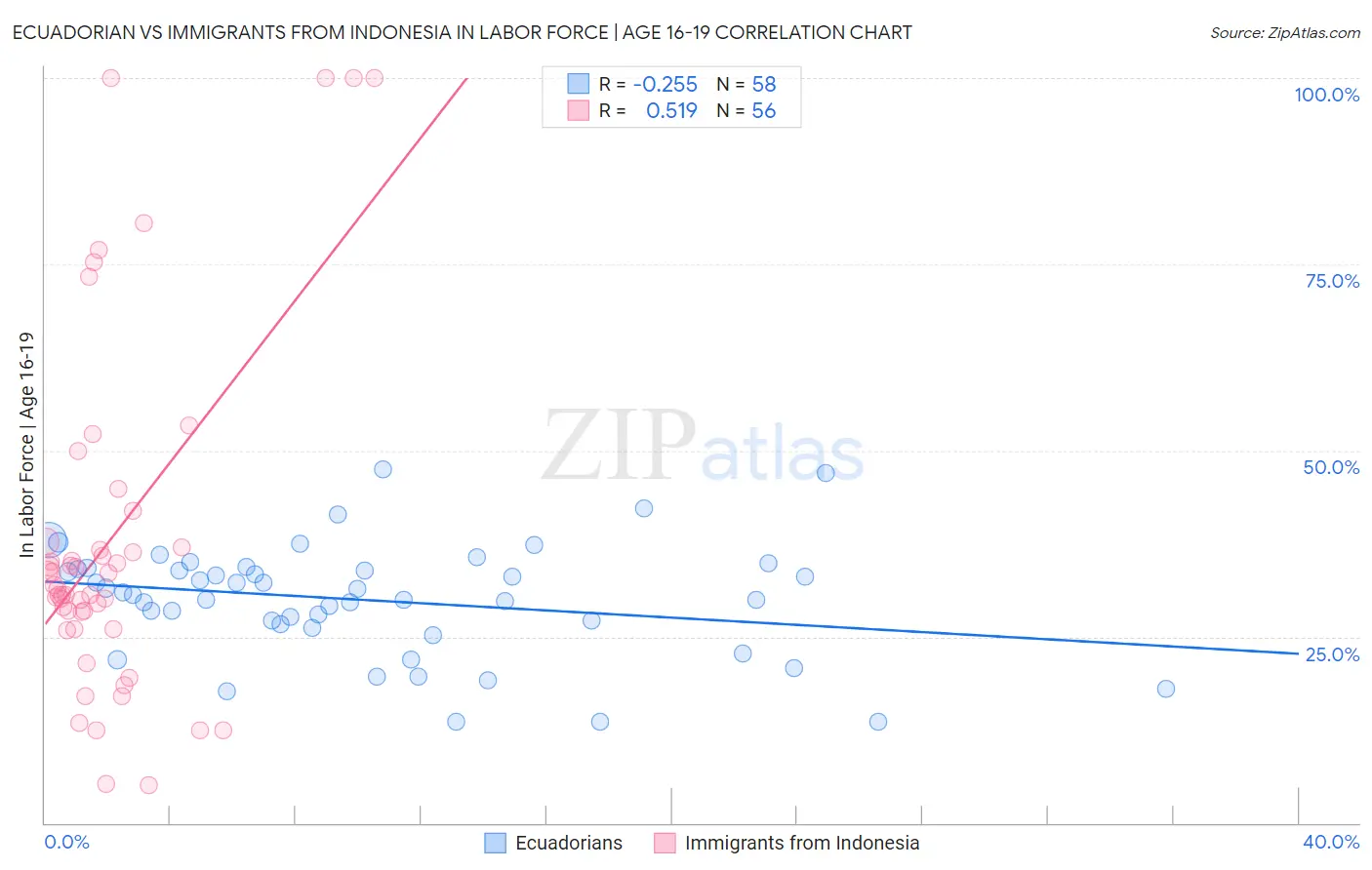 Ecuadorian vs Immigrants from Indonesia In Labor Force | Age 16-19