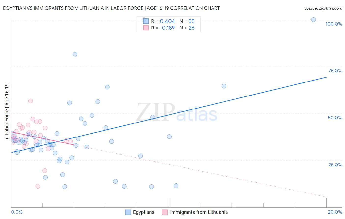 Egyptian vs Immigrants from Lithuania In Labor Force | Age 16-19