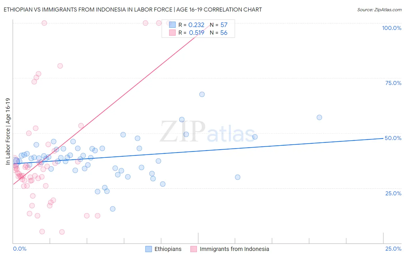 Ethiopian vs Immigrants from Indonesia In Labor Force | Age 16-19