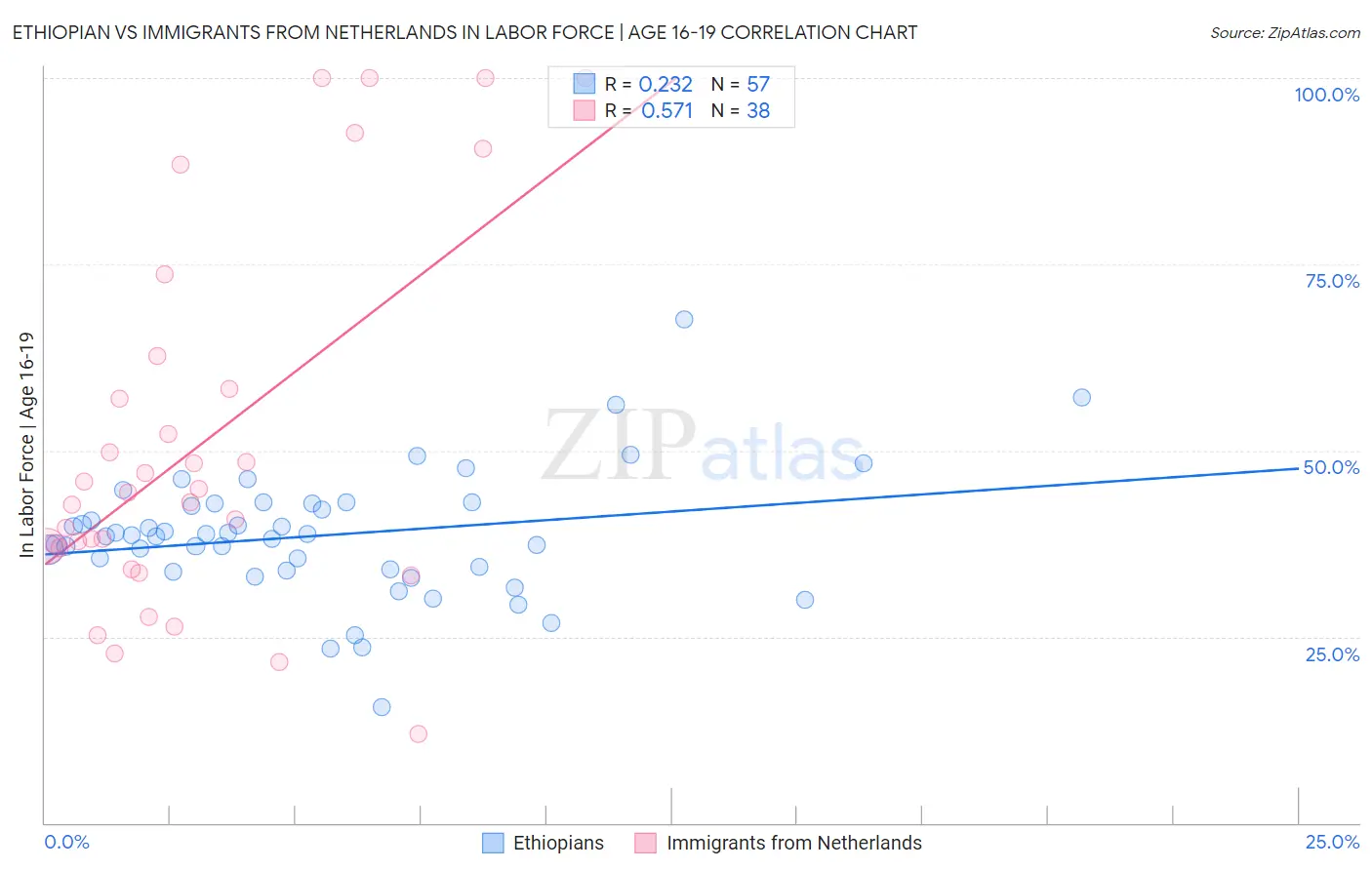 Ethiopian vs Immigrants from Netherlands In Labor Force | Age 16-19