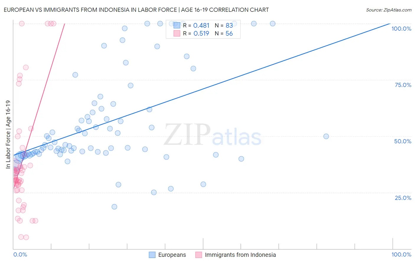 European vs Immigrants from Indonesia In Labor Force | Age 16-19