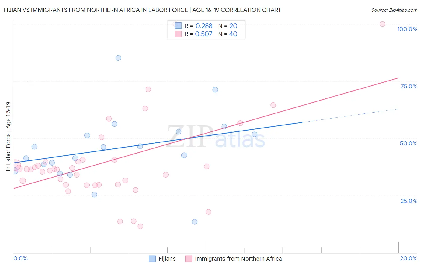 Fijian vs Immigrants from Northern Africa In Labor Force | Age 16-19
