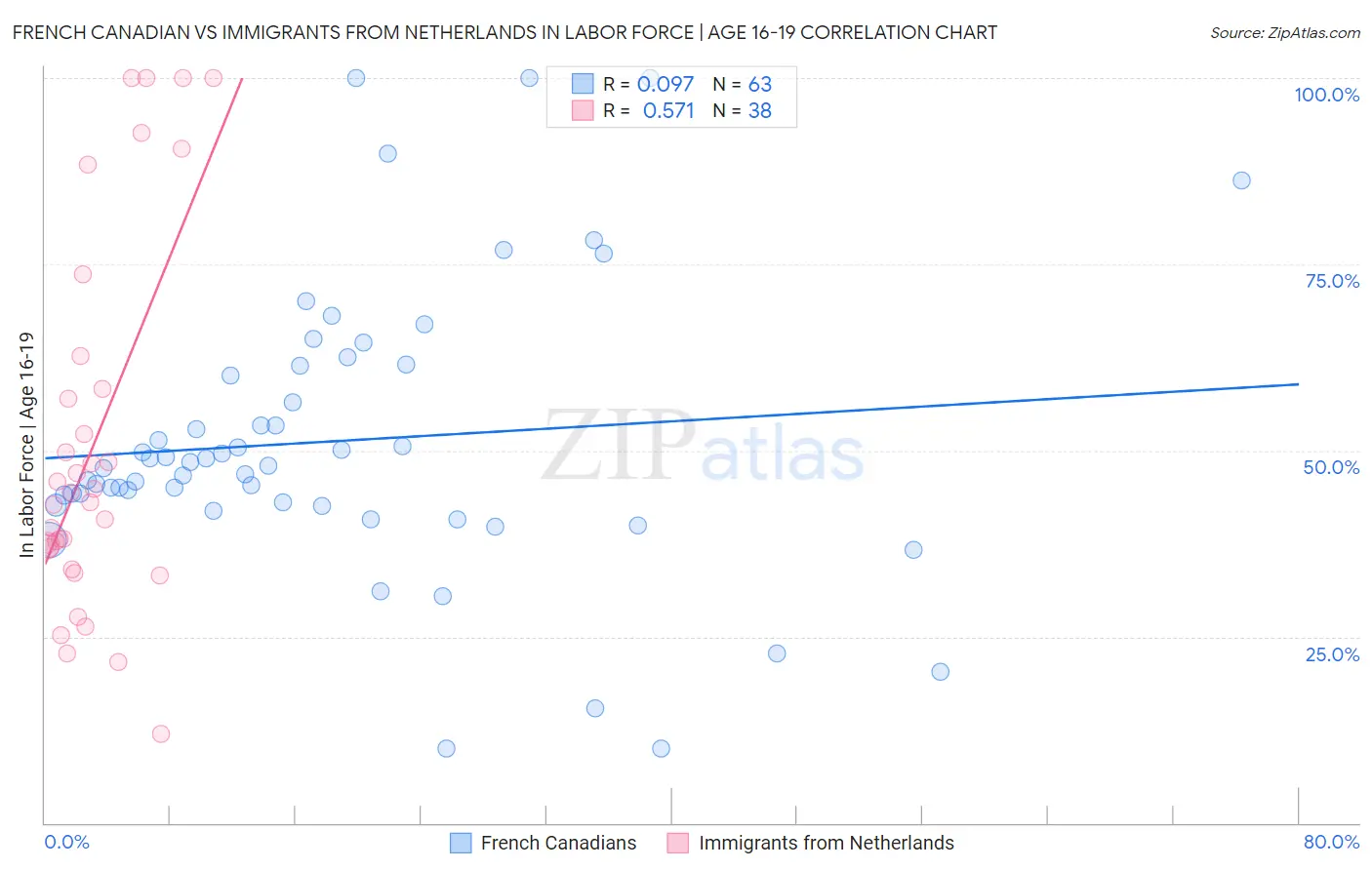 French Canadian vs Immigrants from Netherlands In Labor Force | Age 16-19