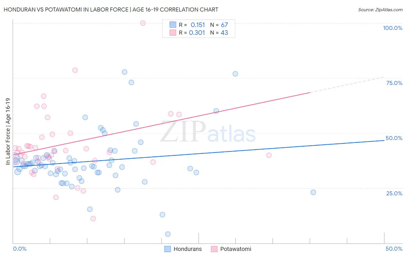 Honduran vs Potawatomi In Labor Force | Age 16-19