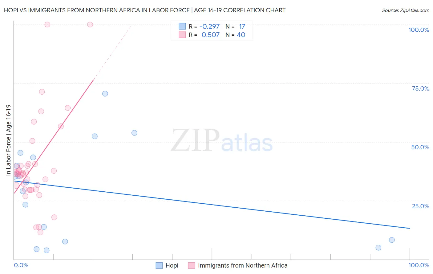 Hopi vs Immigrants from Northern Africa In Labor Force | Age 16-19