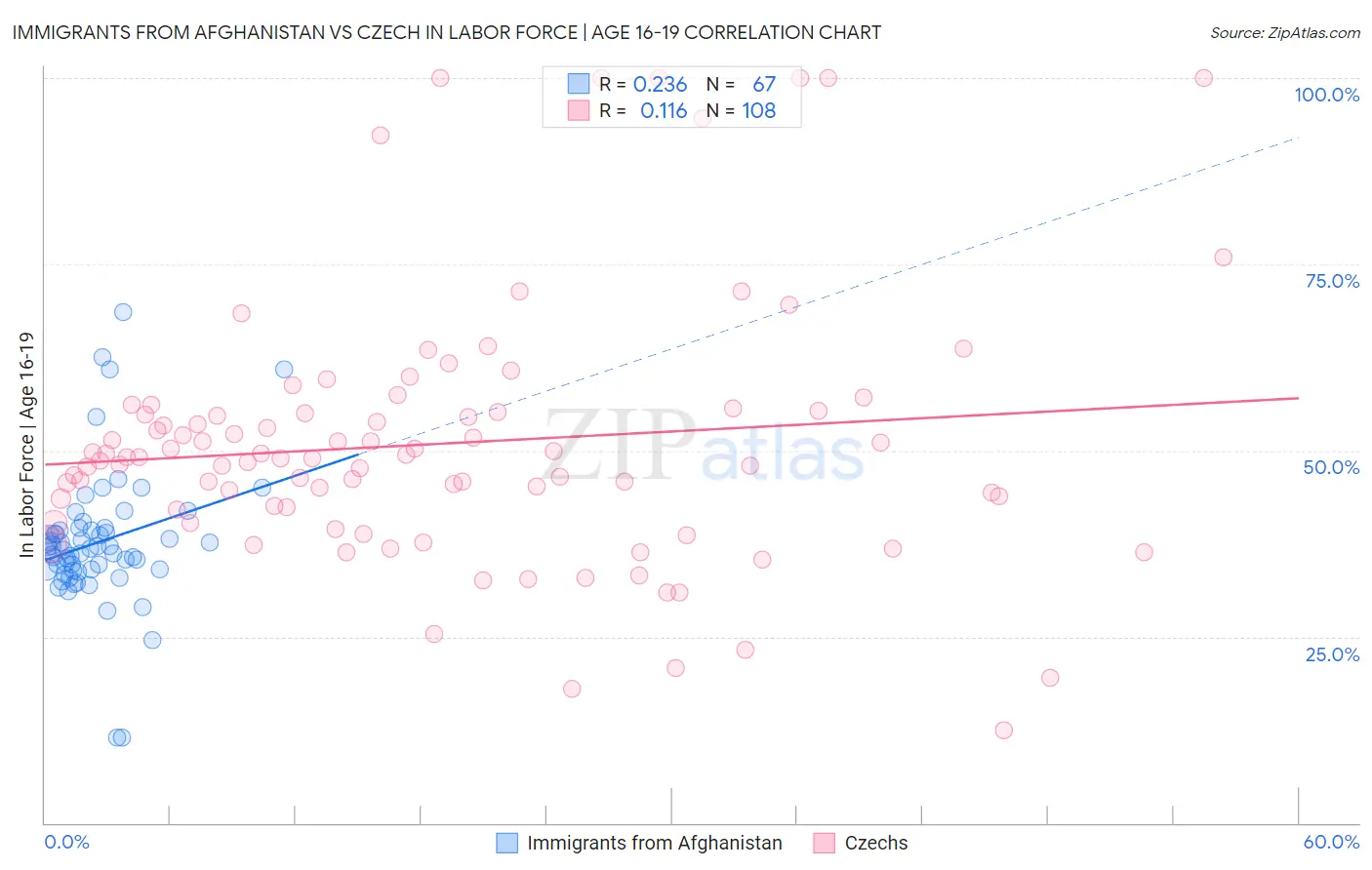 Immigrants from Afghanistan vs Czech In Labor Force | Age 16-19