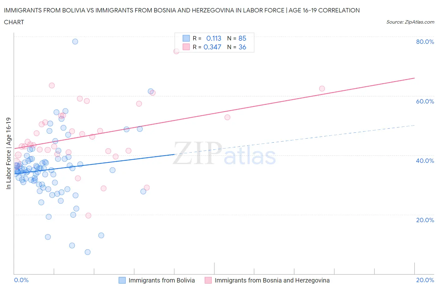 Immigrants from Bolivia vs Immigrants from Bosnia and Herzegovina In Labor Force | Age 16-19