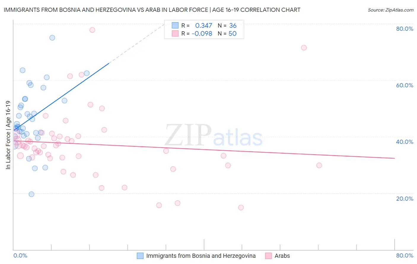 Immigrants from Bosnia and Herzegovina vs Arab In Labor Force | Age 16-19