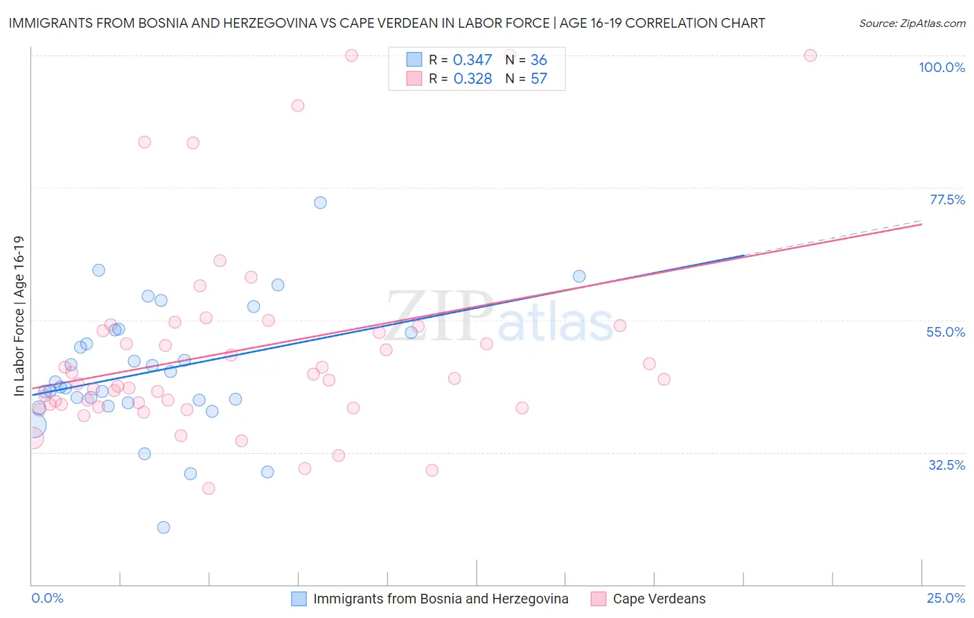 Immigrants from Bosnia and Herzegovina vs Cape Verdean In Labor Force | Age 16-19