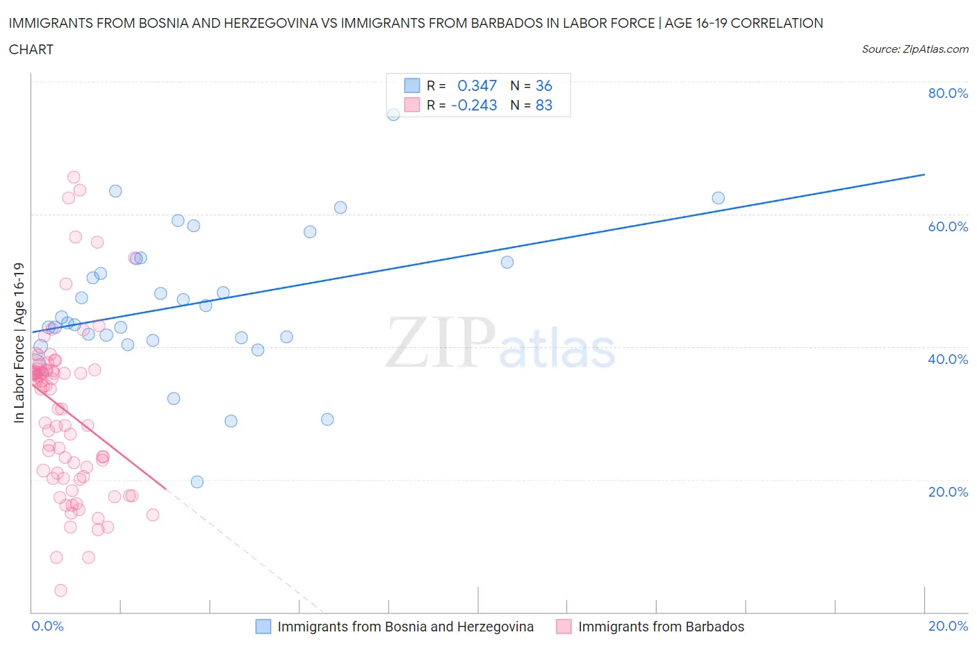 Immigrants from Bosnia and Herzegovina vs Immigrants from Barbados In Labor Force | Age 16-19