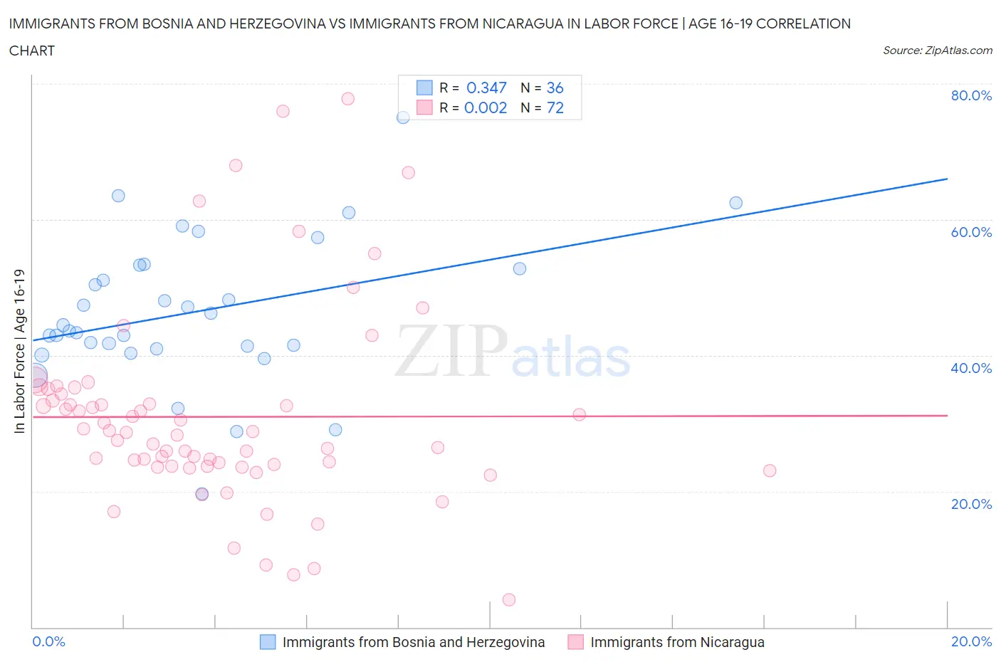 Immigrants from Bosnia and Herzegovina vs Immigrants from Nicaragua In Labor Force | Age 16-19