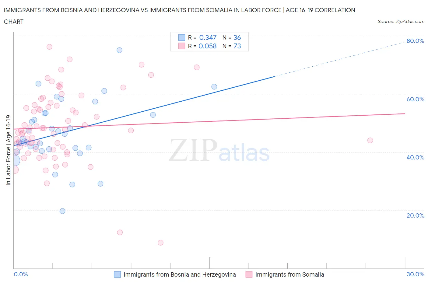 Immigrants from Bosnia and Herzegovina vs Immigrants from Somalia In Labor Force | Age 16-19