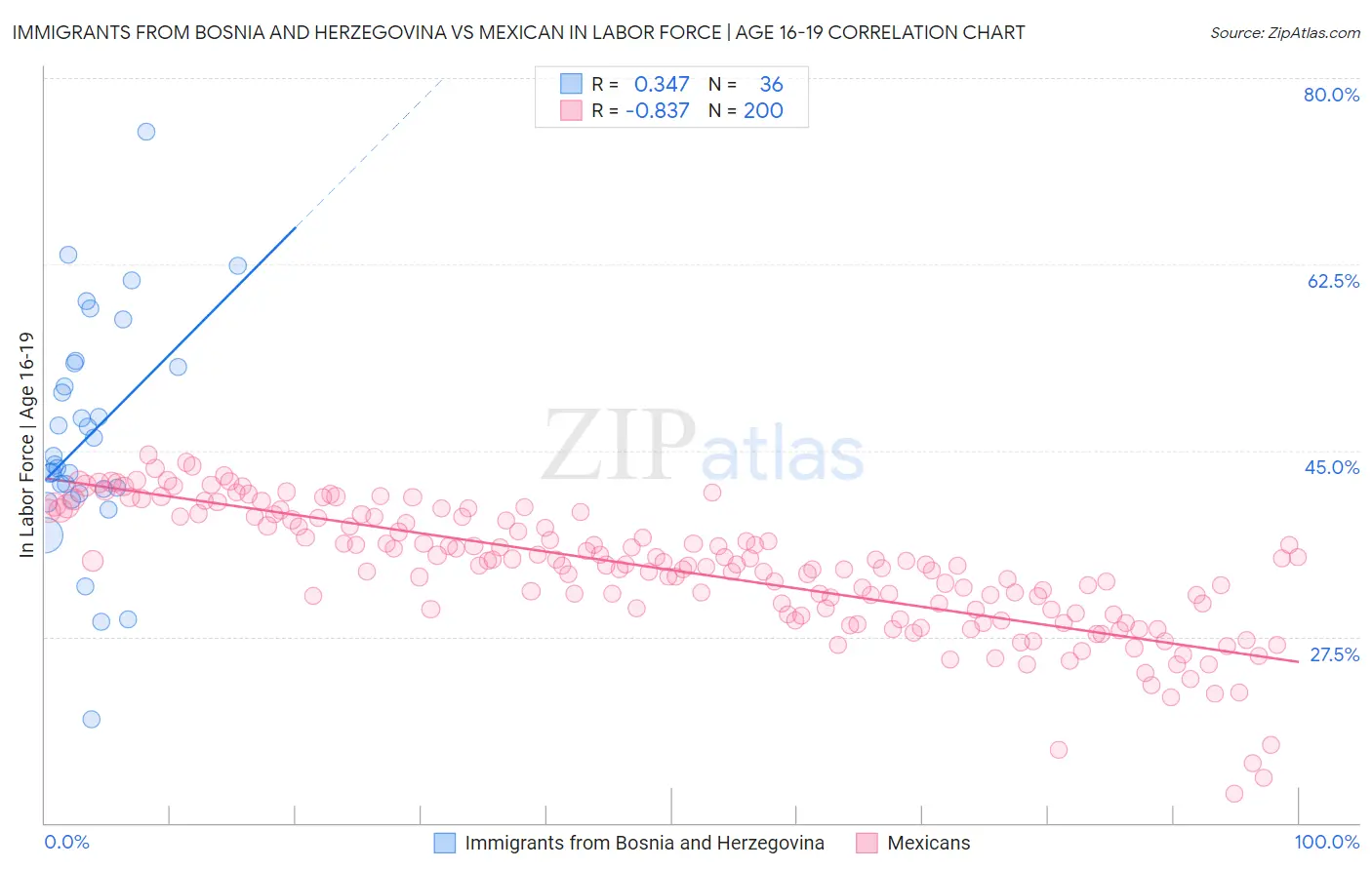 Immigrants from Bosnia and Herzegovina vs Mexican In Labor Force | Age 16-19