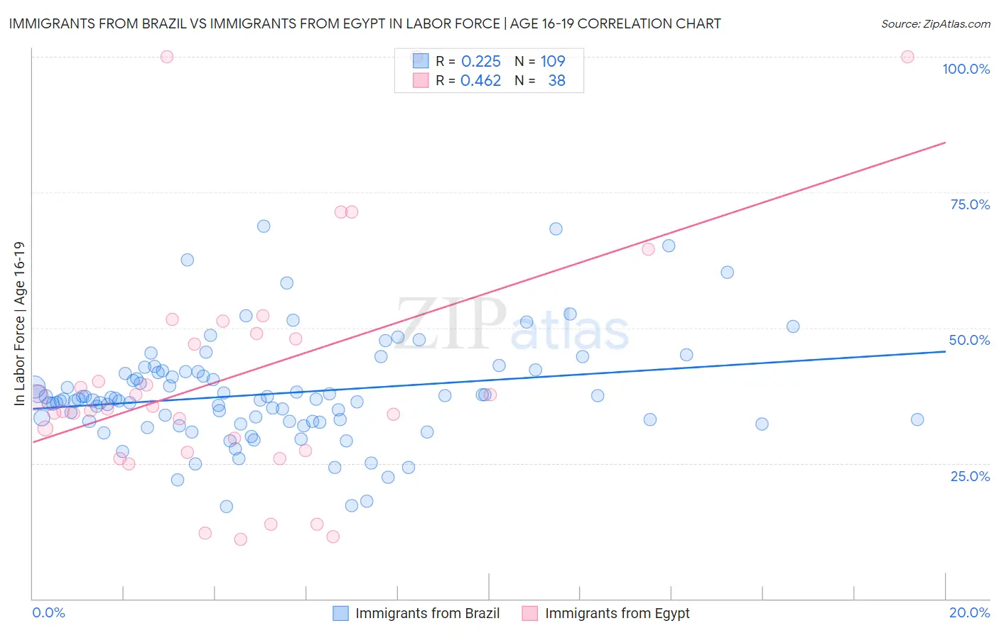Immigrants from Brazil vs Immigrants from Egypt In Labor Force | Age 16-19