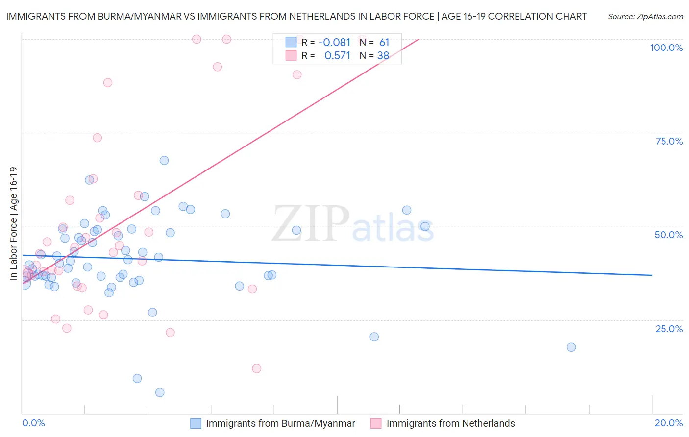 Immigrants from Burma/Myanmar vs Immigrants from Netherlands In Labor Force | Age 16-19