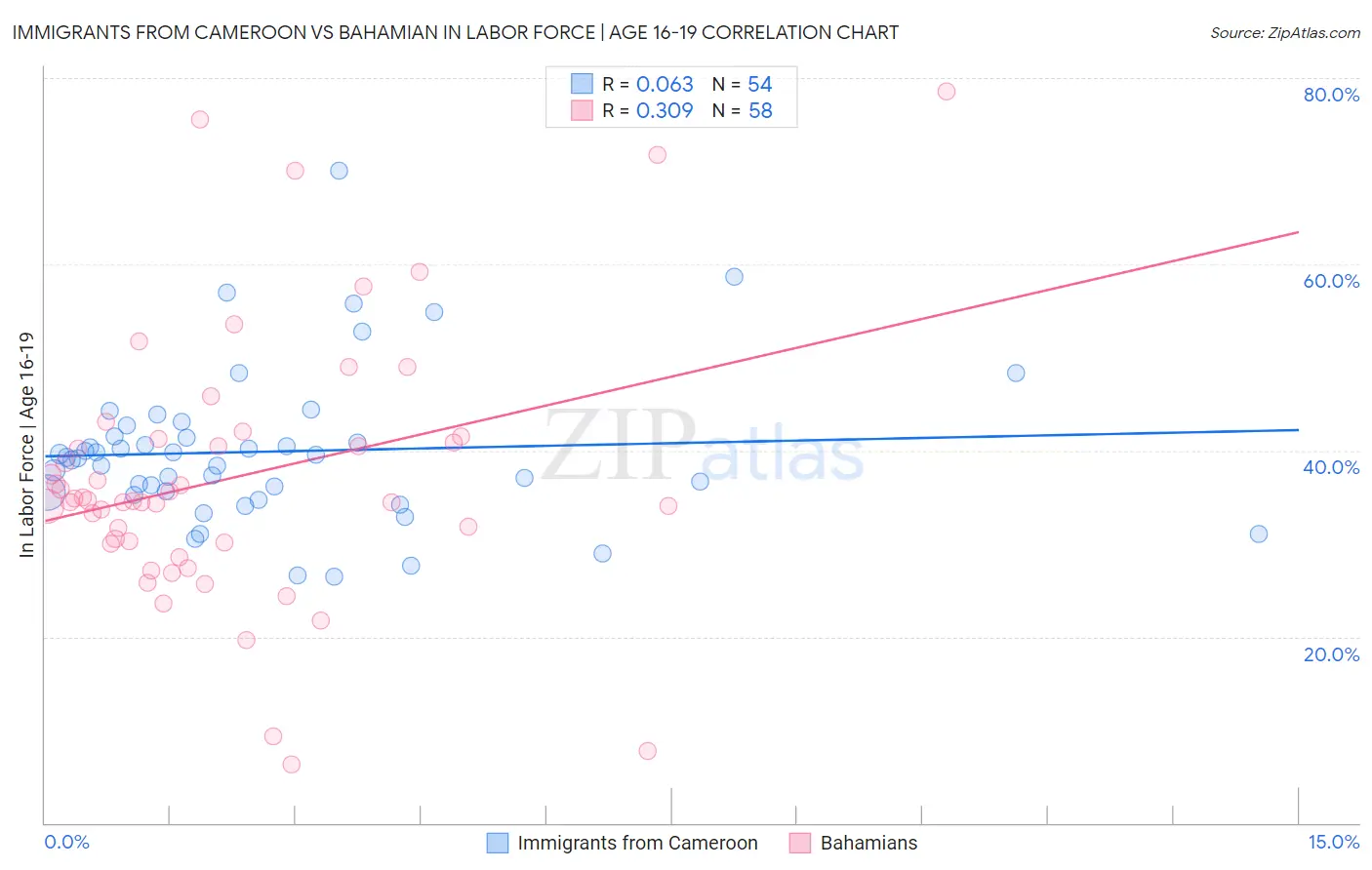 Immigrants from Cameroon vs Bahamian In Labor Force | Age 16-19