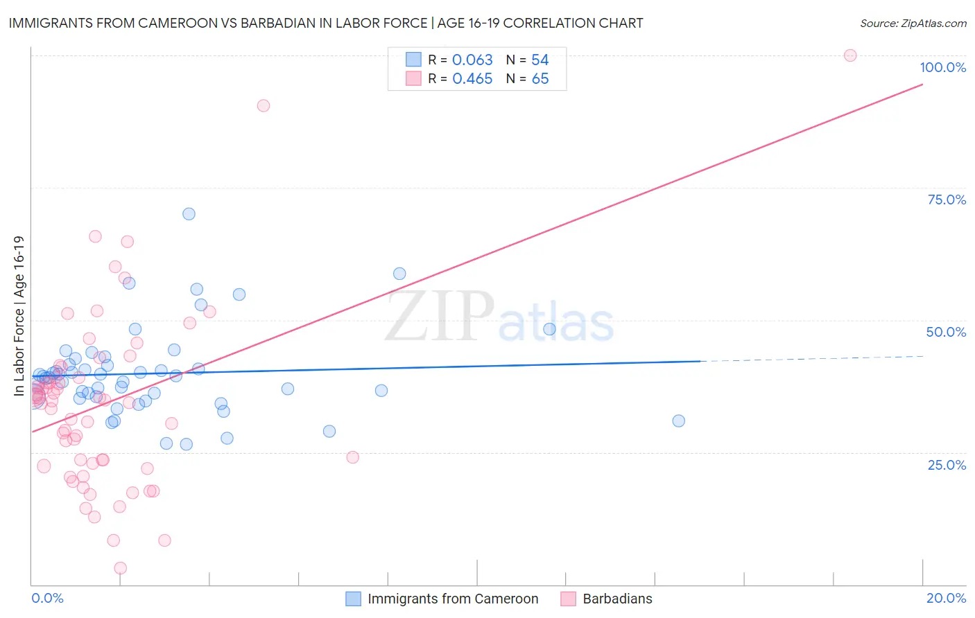 Immigrants from Cameroon vs Barbadian In Labor Force | Age 16-19