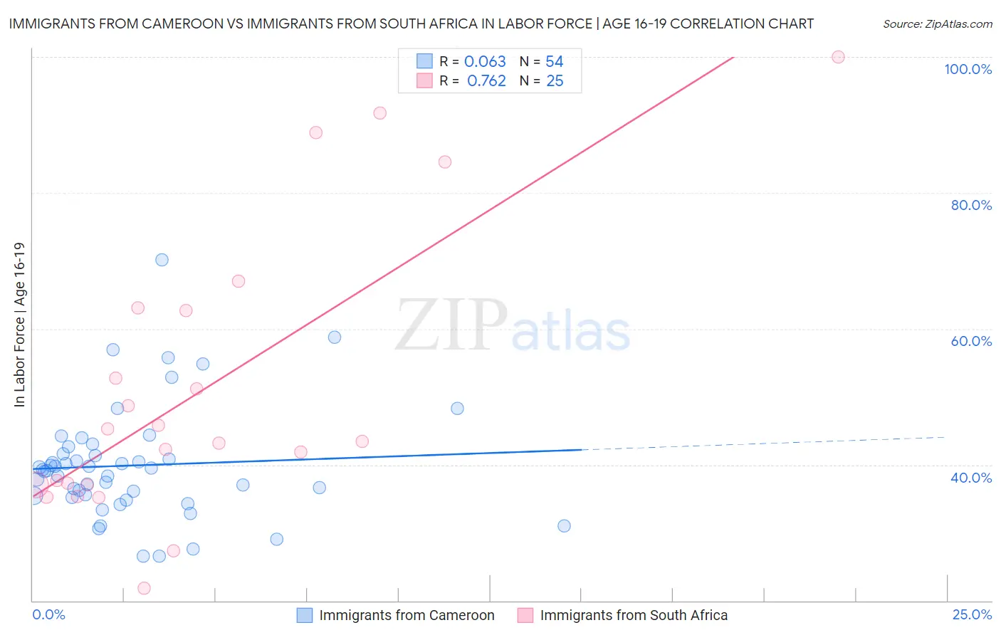 Immigrants from Cameroon vs Immigrants from South Africa In Labor Force | Age 16-19